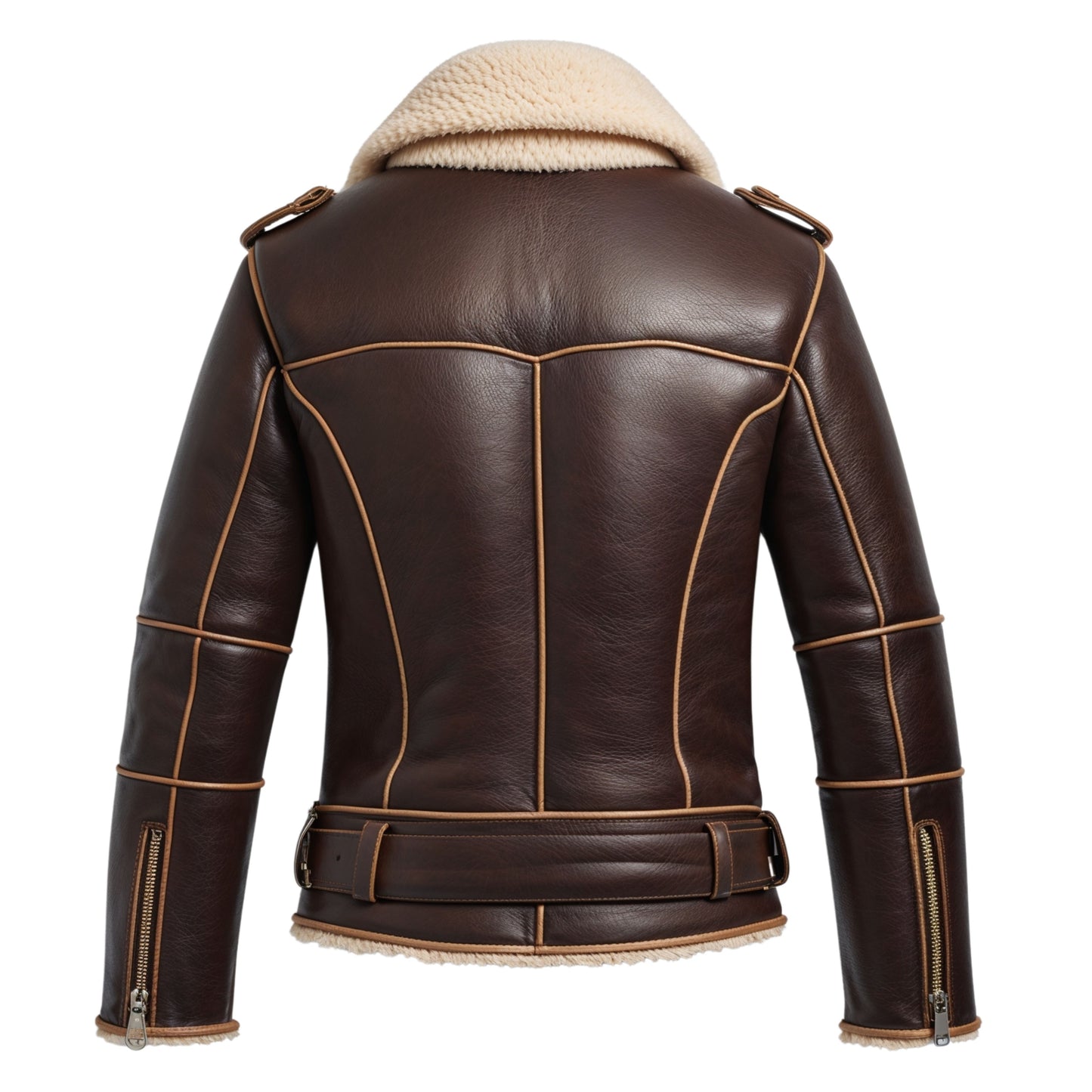 Womens Real Leather Brown Aviator Jacket Shearling Style Collar Asymmetrical Zip Front Biker Outerwear
