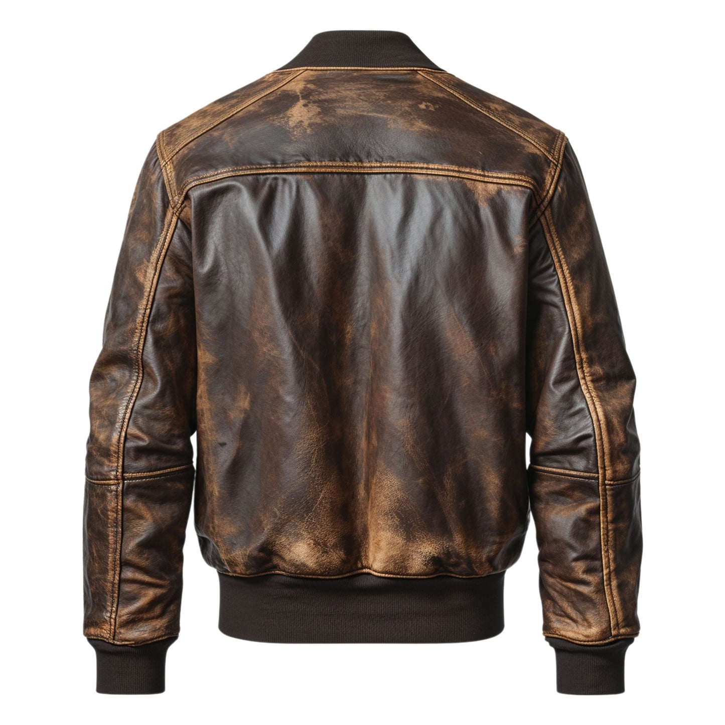 Distressed Brown Leather Bomber Jacket: Ribbed Collar, Cuffs, Hem, Zipper Front