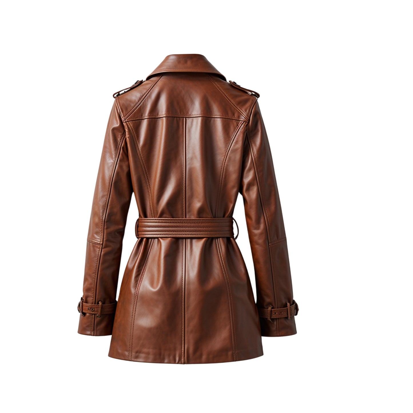 Women's Cognac Brown Leather Trench Coat: Belted Double Breasted Lapel Jacket