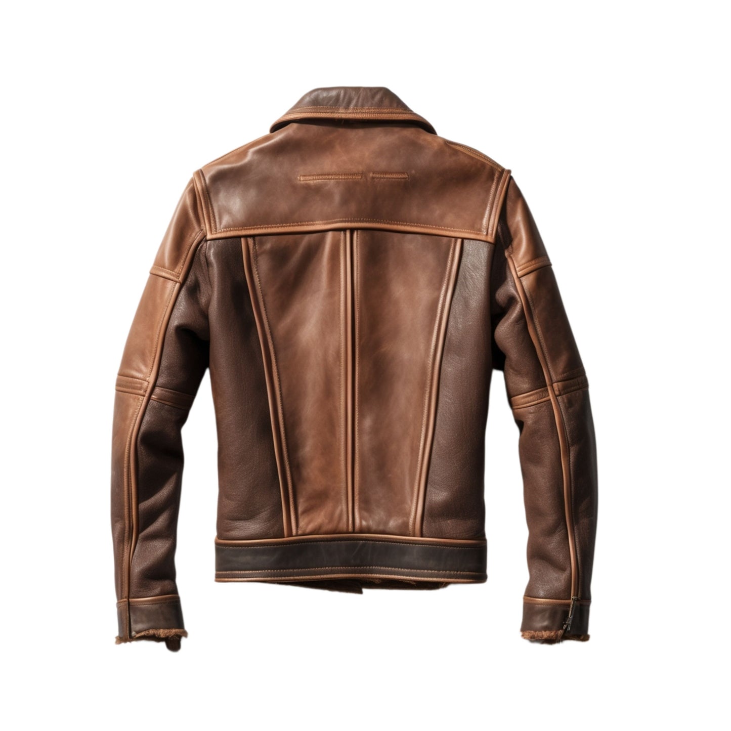 Men's Brown Two-Tone Leather Trucker Jacket: Vintage Contrast Panels Snap Button