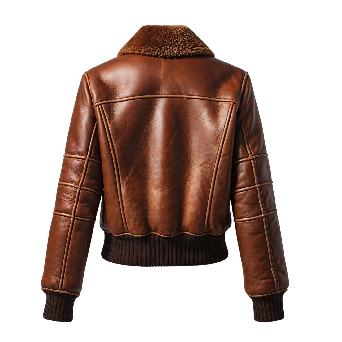 Brown Leather Bomber Jacket with Plush Collar, Quilted Sleeves, Cropped Aviator Fit