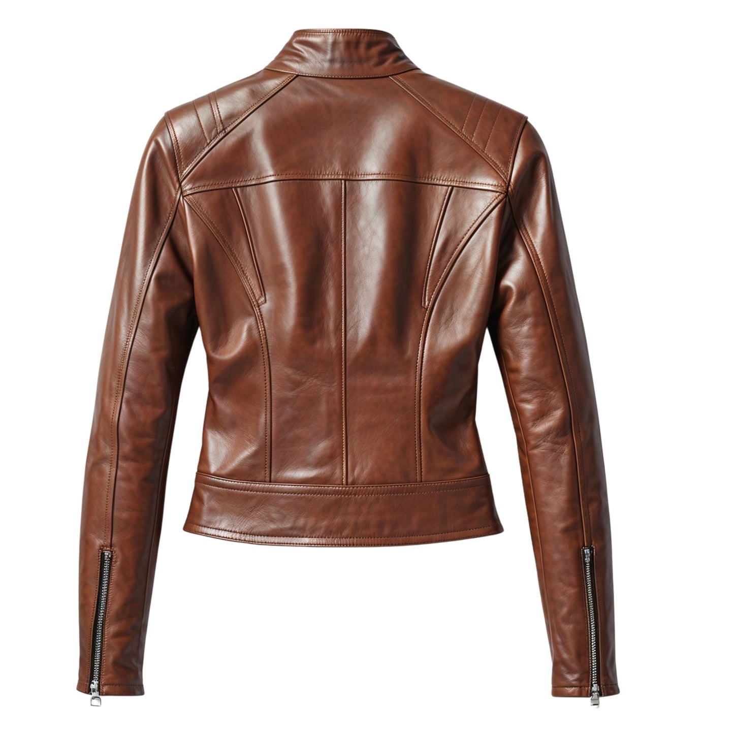 Brown Leather Moto Jacket: Stand Collar, Zip Pockets, Slim Biker Style