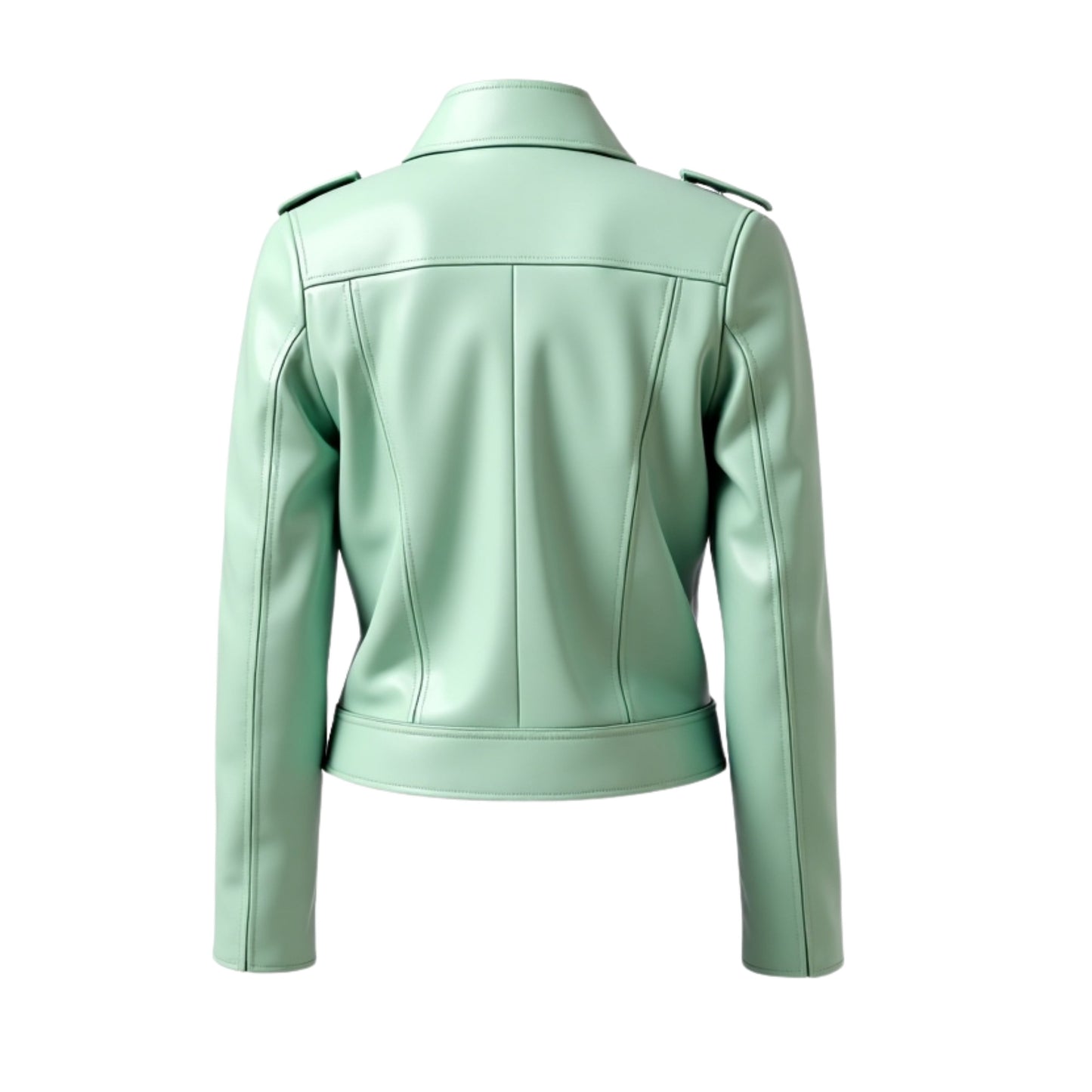 Mint Green Leather Biker Jacket: Fitted Moto Style with Belt, Zipper Pockets