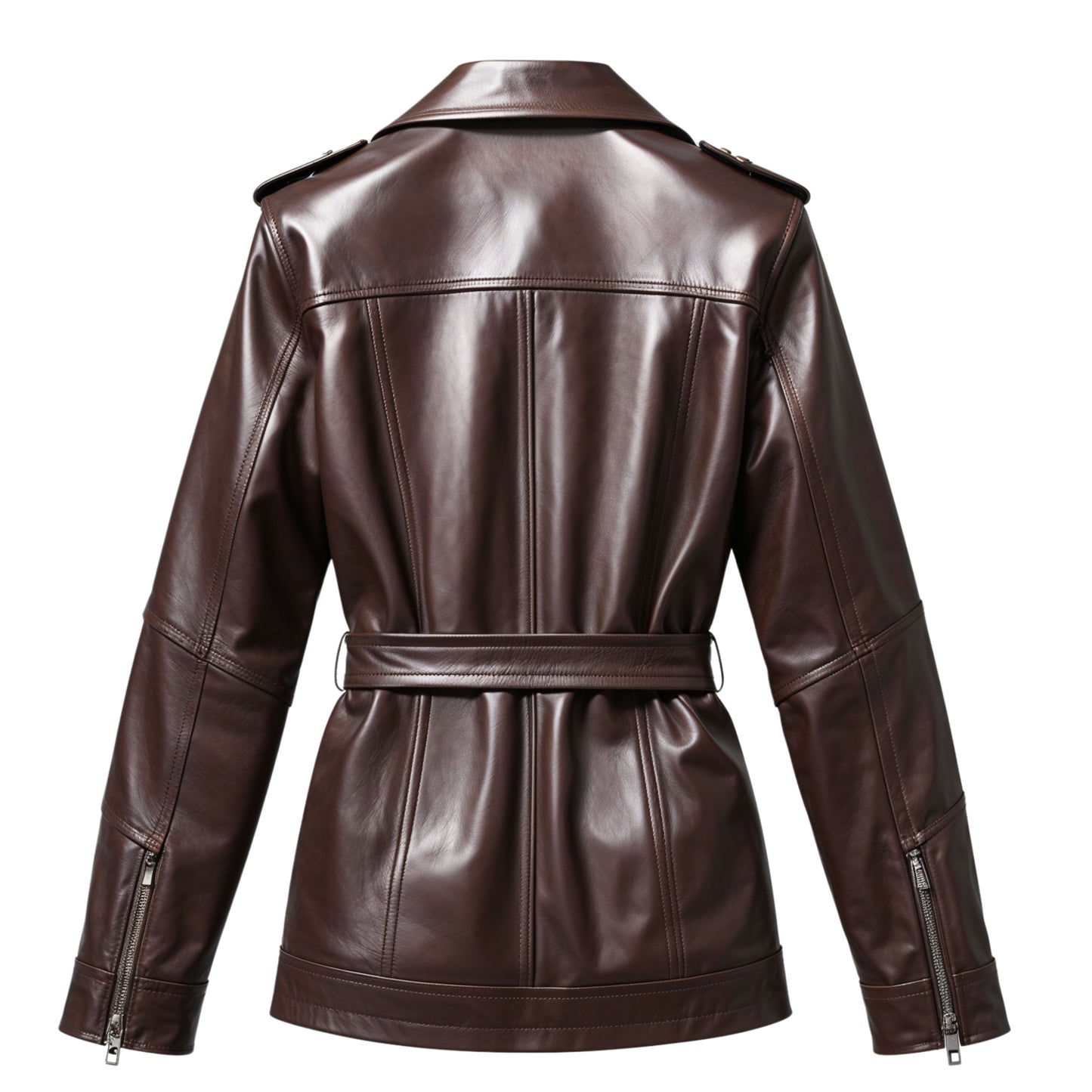 Women's Brown Real Leather Belted Utility Jacket – Military Inspired Cargo Style