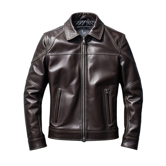 Men's Dark Brown Leather Jacket: Modern Zip, Contrast Stitching, Sleek Design