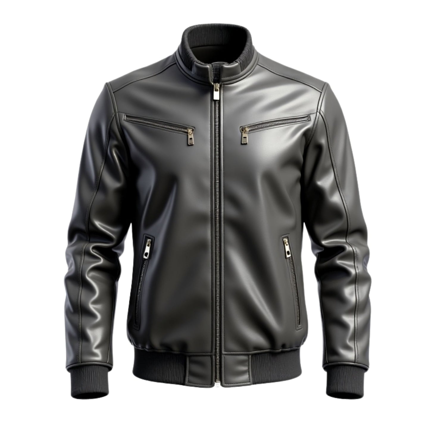 Men's Black Leather Bomber Jacket with Zipper Pockets, Ribbed Trim – Modern Fit