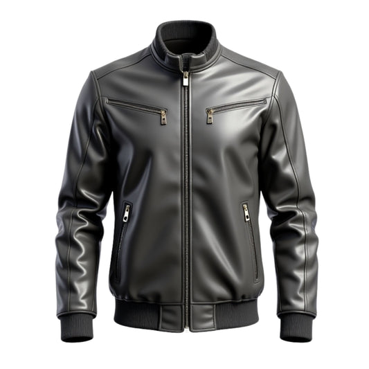 Men's Black Leather Bomber Jacket with Zipper Pockets, Ribbed Trim – Modern Fit