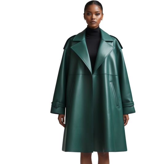 Emerald Green Real Leather Oversized Coat: Wide Lapel, Buckle Cuff Winter Wear