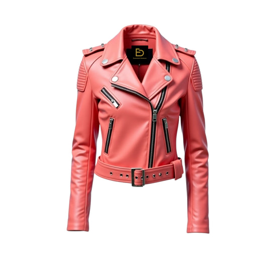 Womens Coral Pink Real Leather Studded Biker Jacket – Edgy Rock Punk Style