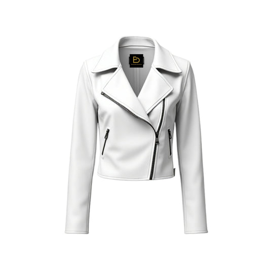 White Leather Biker Jacket Women Chic Moto Slim Fit Asymmetrical Zipper
