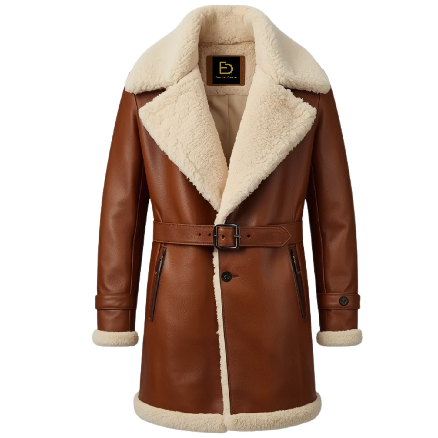 Men's Tan Leather Shearling Coat – Belted Sheepskin Winter Overcoat