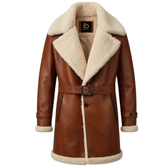 Men's Tan Leather Shearling Coat – Belted Sheepskin Winter Overcoat