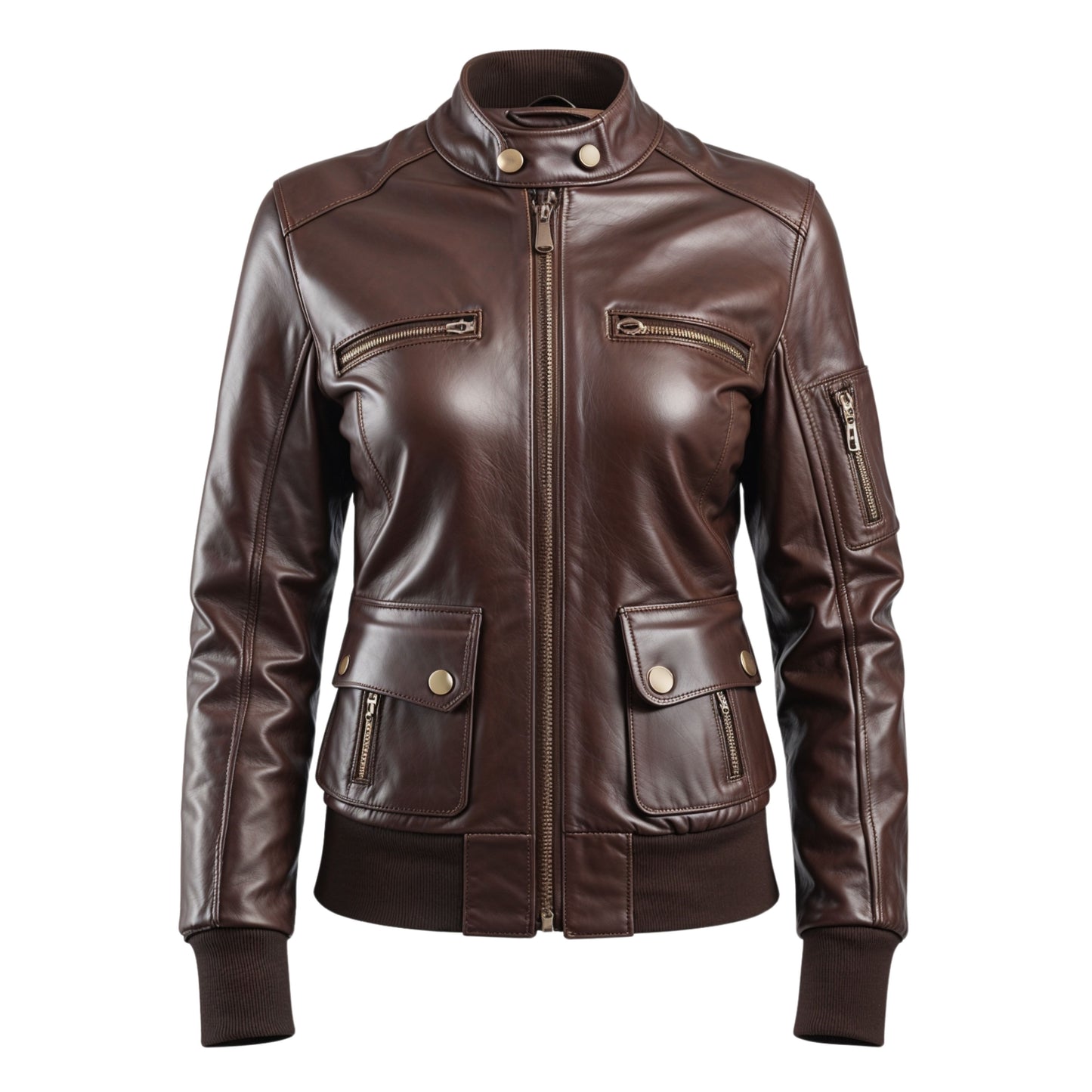 Brown Leather Bomber Jacket: Zip Front, Ribbed Cuffs, Utility Pockets