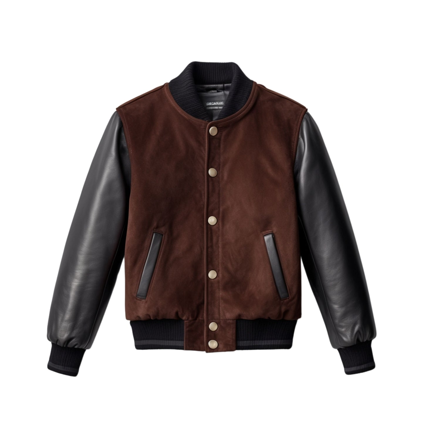 Brown Suede Varsity Bomber Jacket with Black Leather Sleeves – Timeless Style