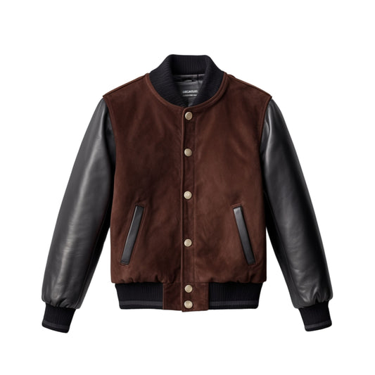 Brown Suede Varsity Bomber Jacket with Black Leather Sleeves – Timeless Style