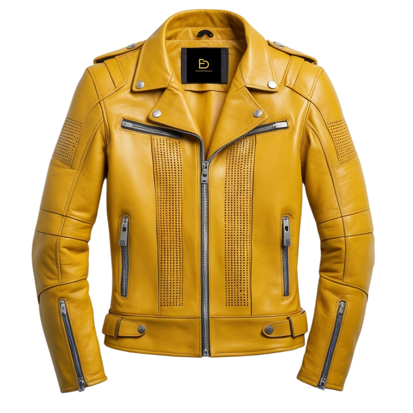 Men's Yellow Leather Biker Jacket with Perforated Detailing and Multi-Zip Pockets
