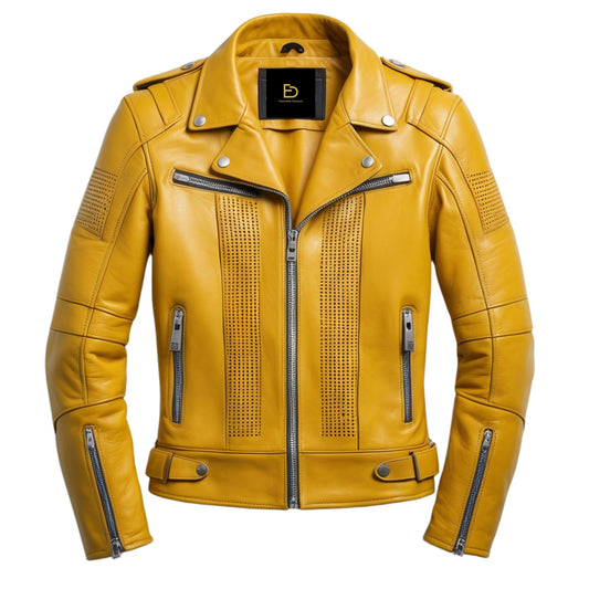 Men's Yellow Leather Biker Jacket with Perforated Detailing and Multi-Zip Pockets