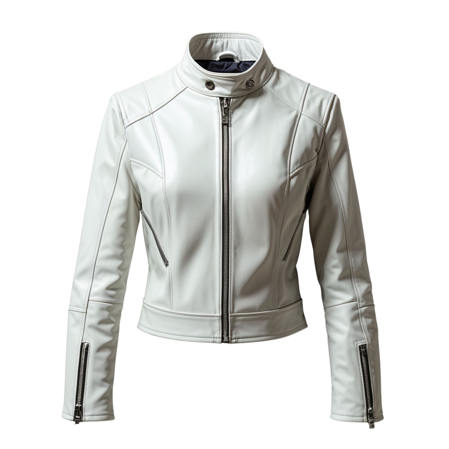 Women's Ivory Real Leather Cafe Racer Jacket with Stand Collar and Snap Detail