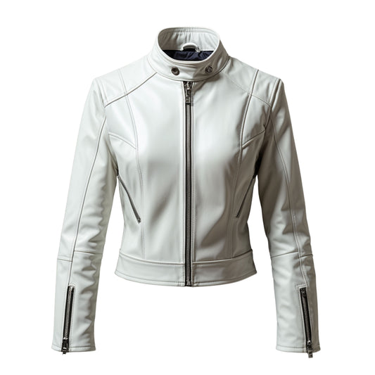 Women's Ivory Real Leather Cafe Racer Jacket with Stand Collar and Snap Detail