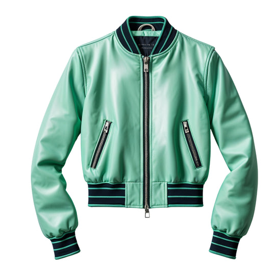 Mint Green Real Leather Bomber Jacket, Cropped Flight Style, Black Stripe Ribbed Collar