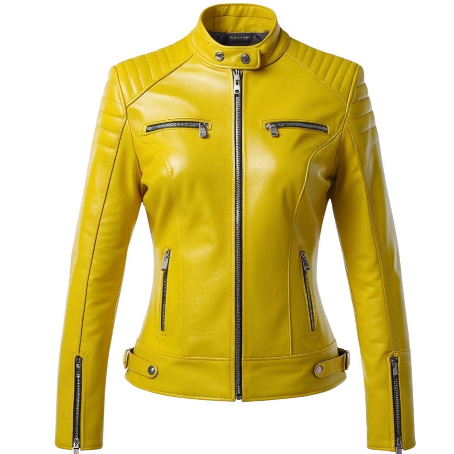 Womens Yellow Real Leather Biker Jacket with Quilted Shoulders, Slim Fit Stand Collar
