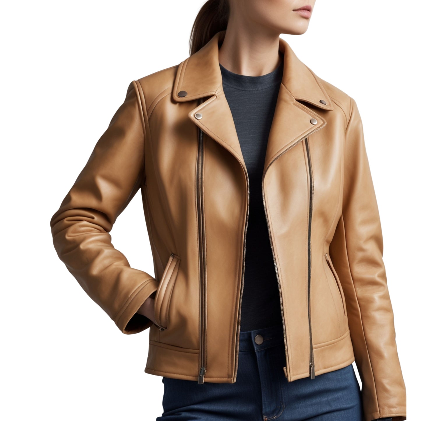 Womens Tan Leather Moto Jacket: Zip Front, Wide Lapel, Slim Fit Coat