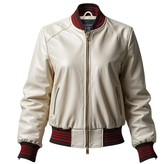 Cream Real Leather Bomber Jacket with Striped Rib Trim – Modern Casual Outerwear