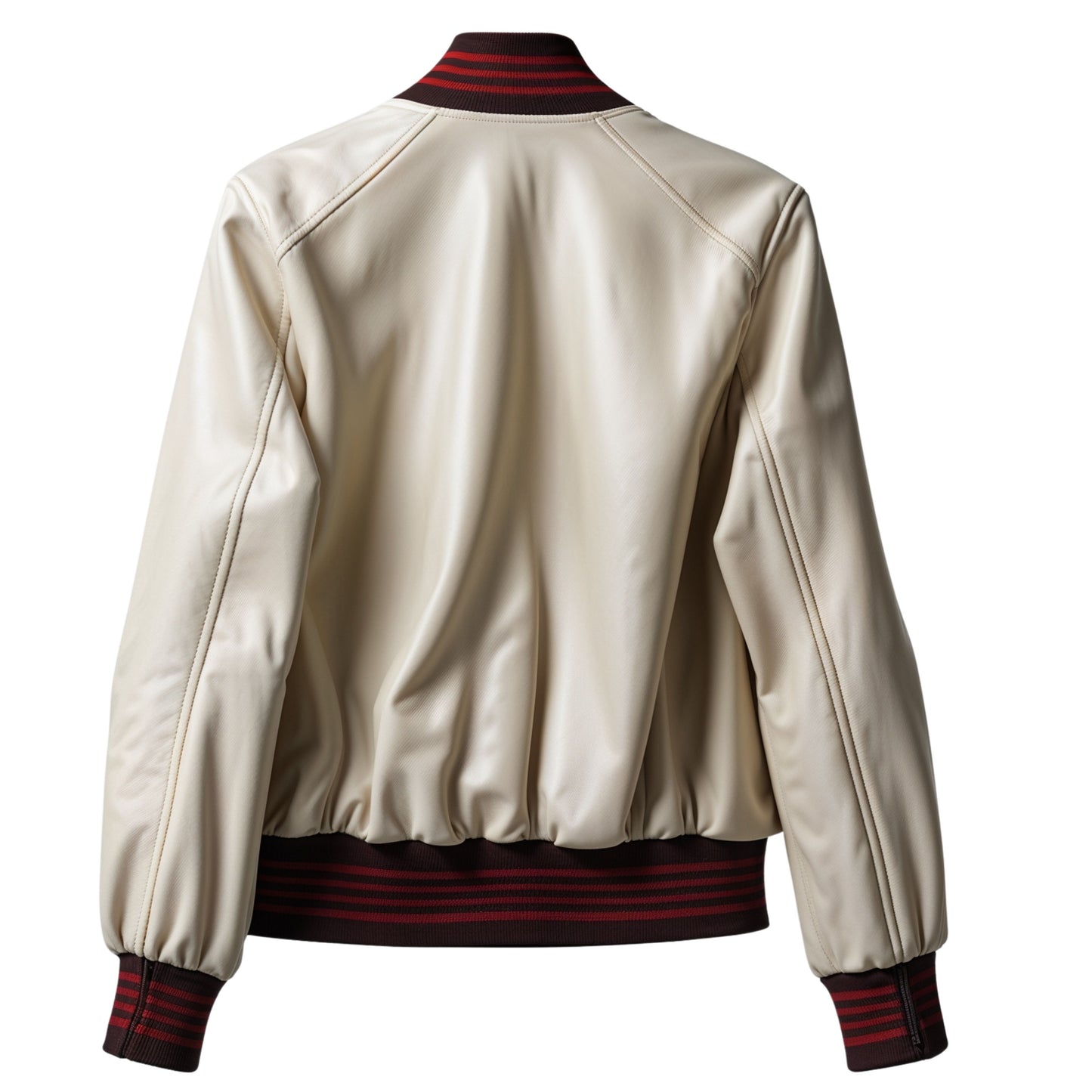 Cream Real Leather Bomber Jacket with Striped Rib Trim – Modern Casual Outerwear