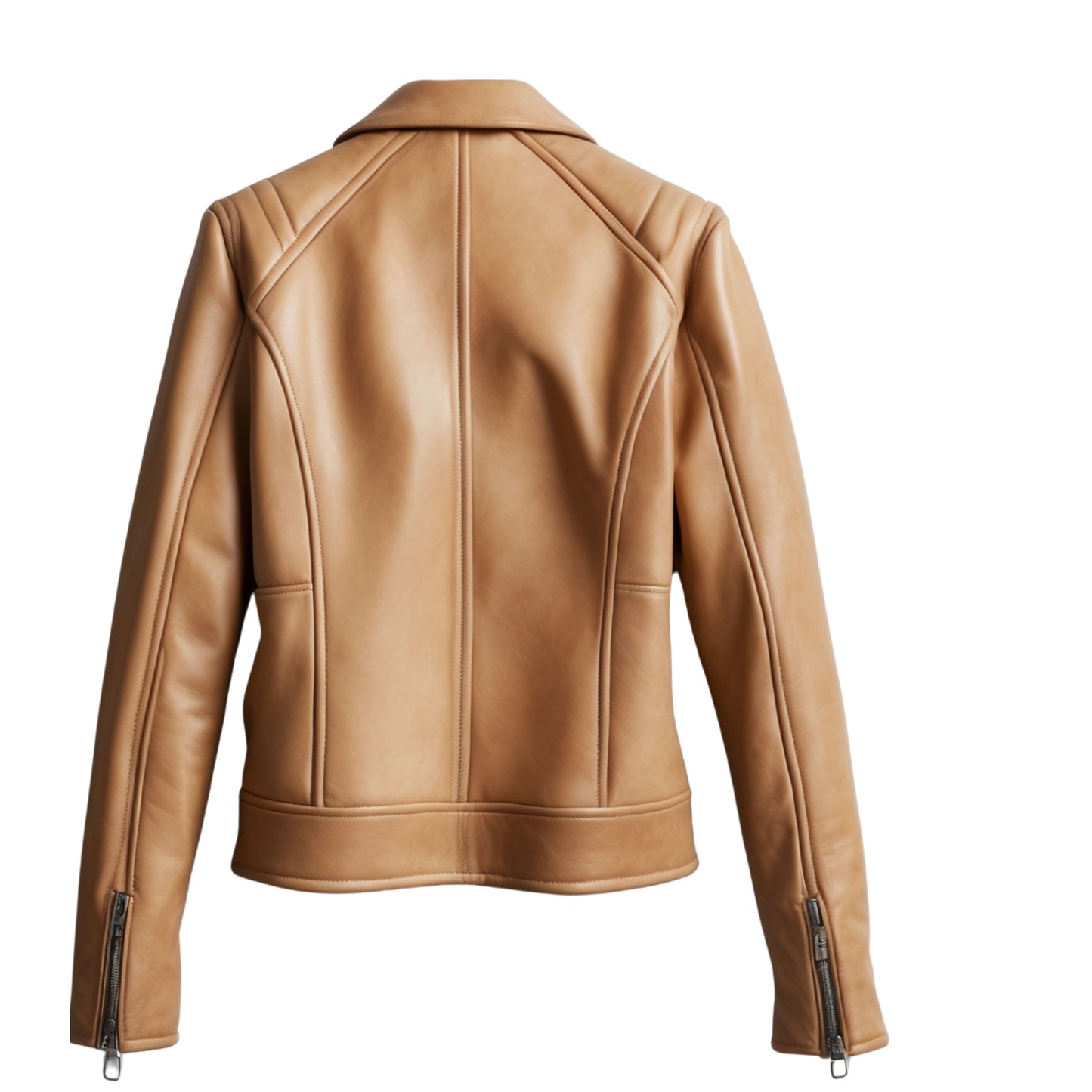 Womens Tan Leather Moto Jacket: Zip Front, Wide Lapel, Slim Fit Coat