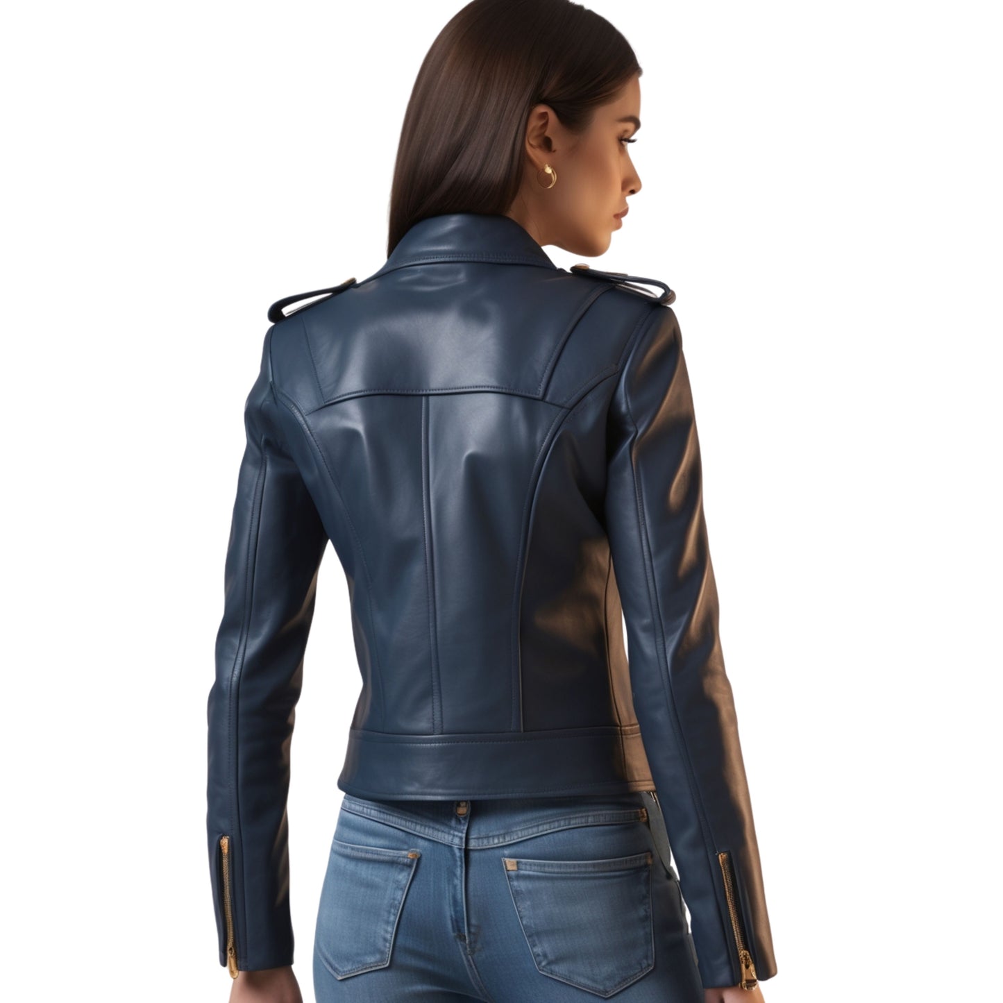 Navy Blue Real Leather Moto Jacket: Asymmetric Zip, Gold Hardware Biker Coat