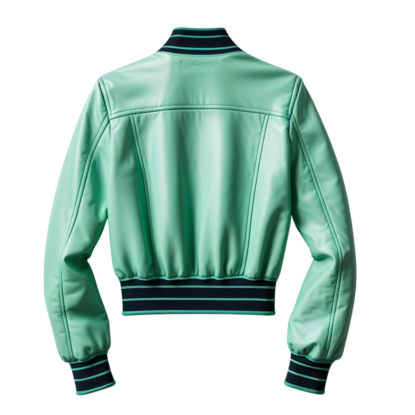 Mint Green Real Leather Bomber Jacket, Cropped Flight Style, Black Stripe Ribbed Collar