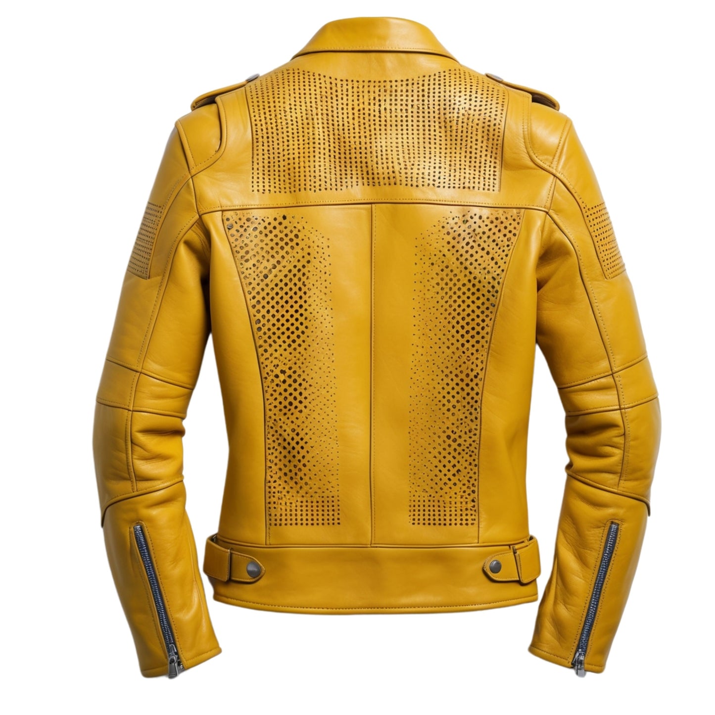 Men's Yellow Leather Biker Jacket with Perforated Detailing and Multi-Zip Pockets