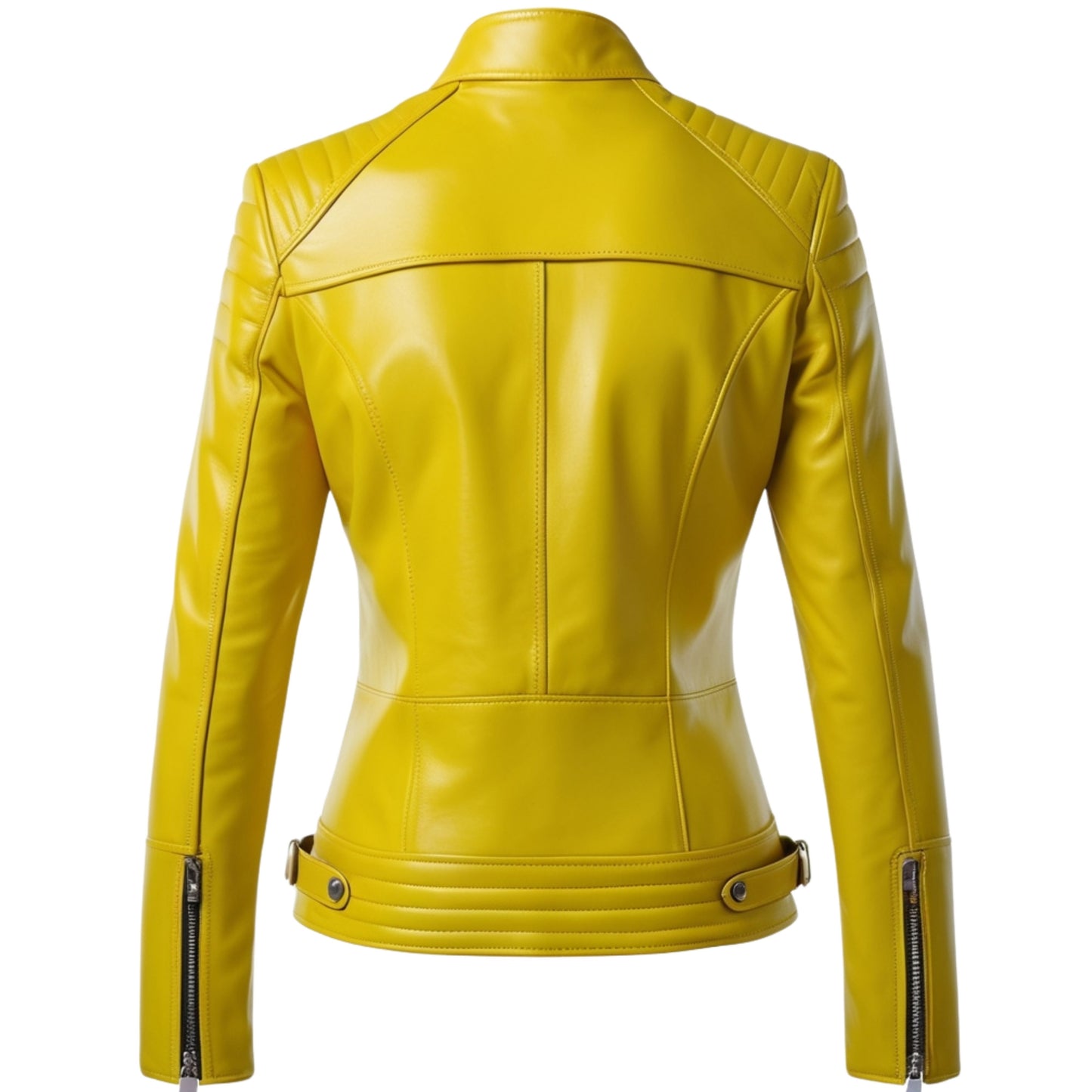 Womens Yellow Real Leather Biker Jacket with Quilted Shoulders, Slim Fit Stand Collar