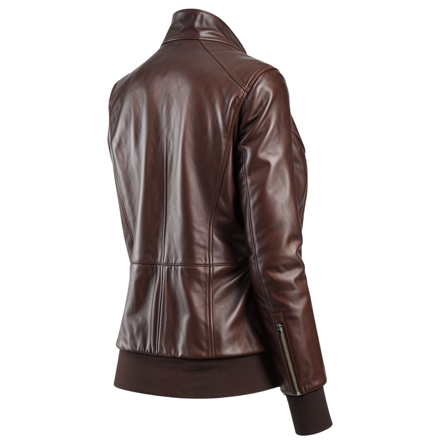 Brown Leather Bomber Jacket: Zip Front, Ribbed Cuffs, Utility Pockets