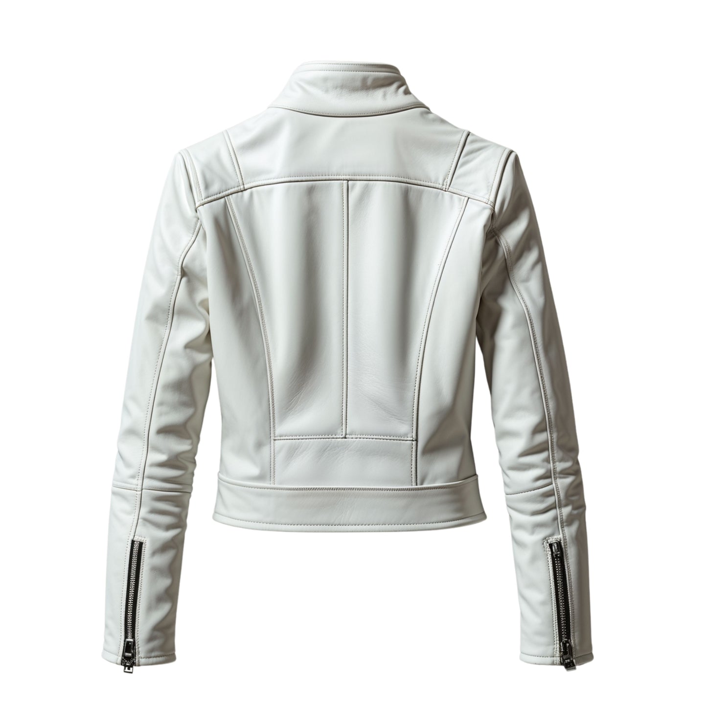 Women's Ivory Real Leather Cafe Racer Jacket with Stand Collar and Snap Detail