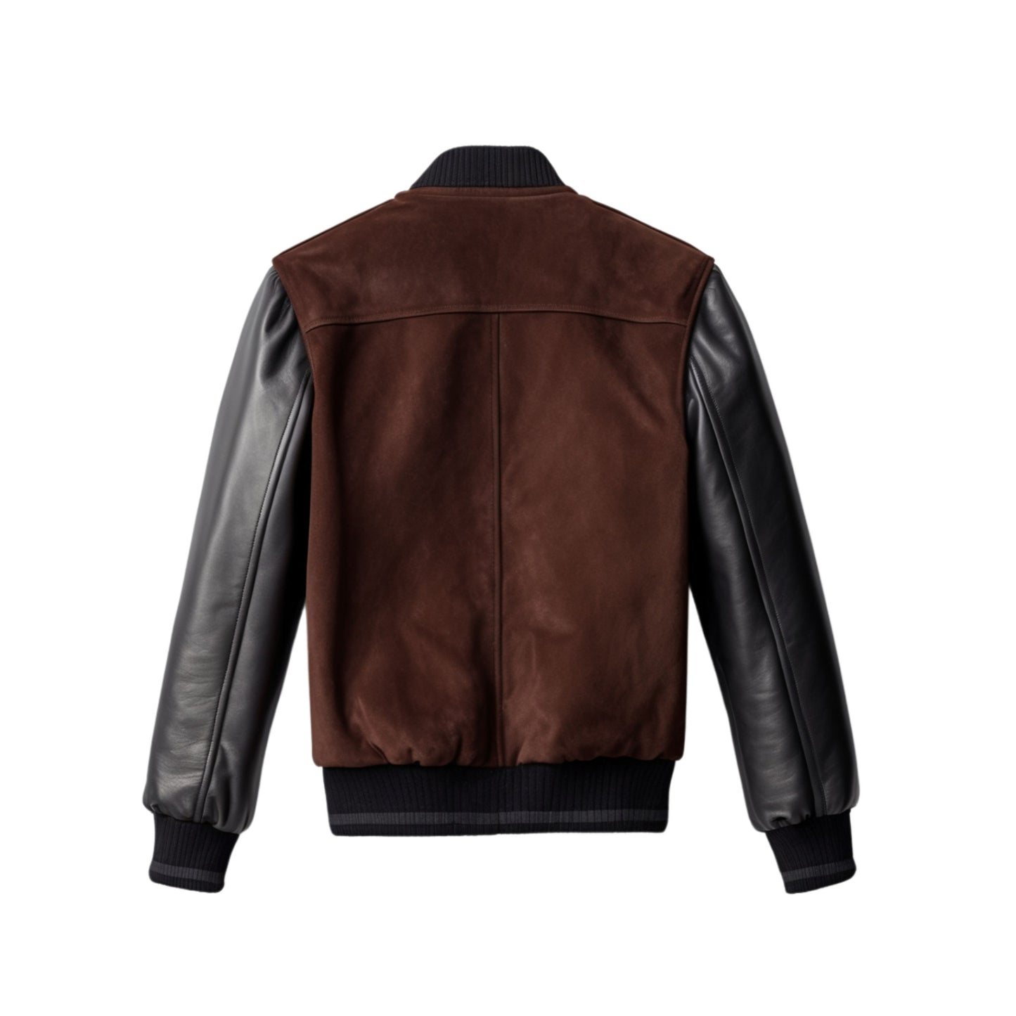 Brown Suede Varsity Bomber Jacket with Black Leather Sleeves – Timeless Style
