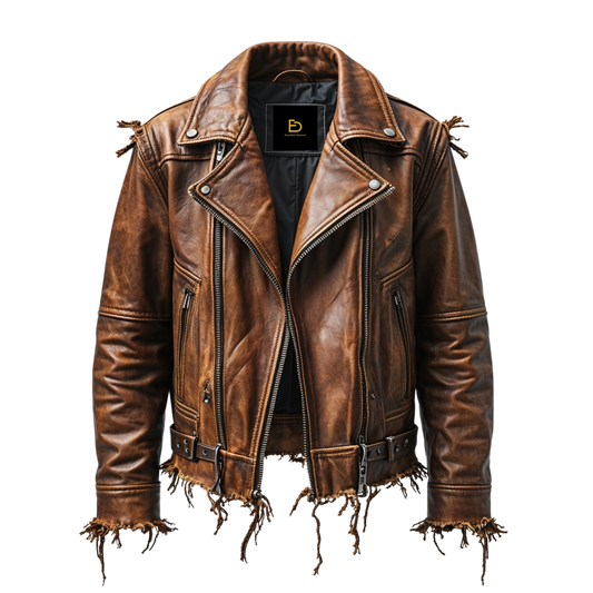 Men Distressed Brown Leather Biker Jacket Frayed Edges Belted Waist Edgy Modern Premium Elegant Stylish