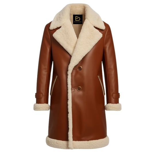 Men's Tan Leather Double Breasted Shearling Coat – Cream Sheepskin Trimmed Overcoat