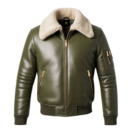 Men's Green Leather Bomber Jacket with Shearling Collar – Classic Winter Style
