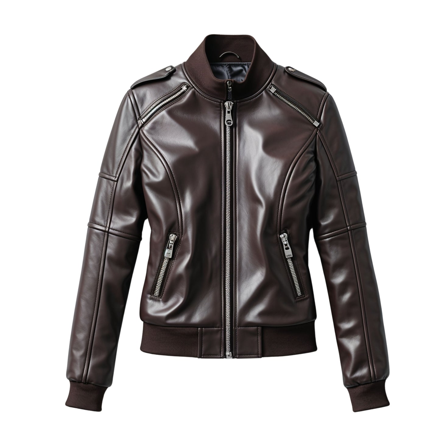 Women's Dark Brown Real Leather Bomber Jacket – Zip Front Ribbed Trim Casual Urban Wear