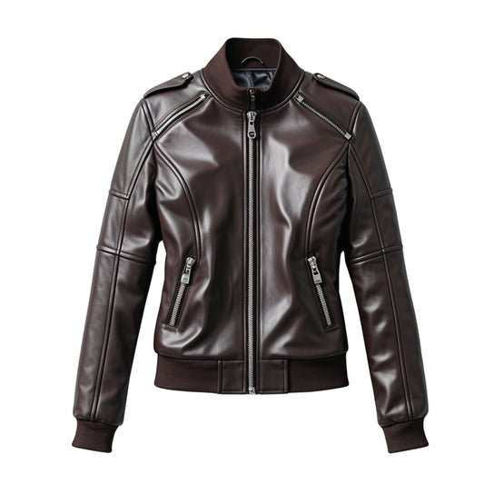 Women's Dark Brown Real Leather Bomber Jacket – Zip Front Ribbed Trim Casual Urban Wear