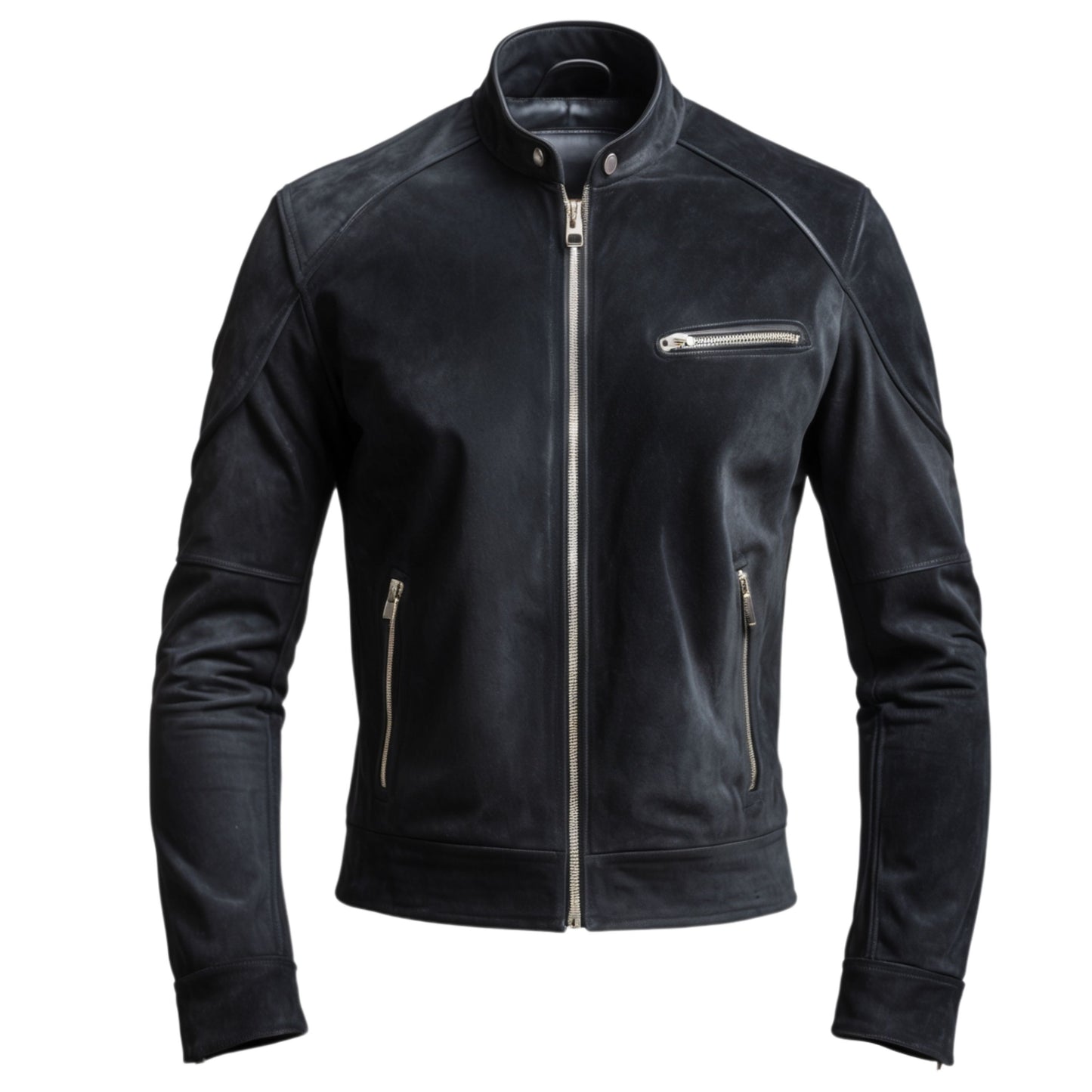 Men's Black Real Leather Motorcycle Jacket with Zipper Details, Stand-Up Collar