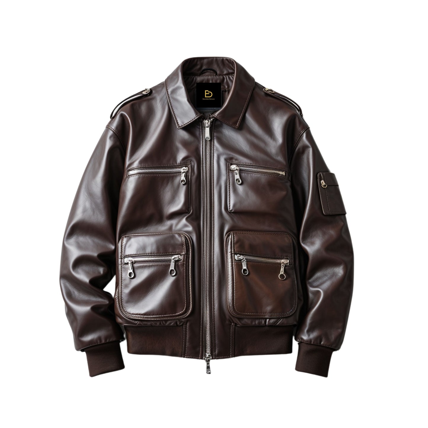 Men's Dark Brown Real Leather Utility Bomber Jacket with Multiple Pockets Ribbed Cuffs