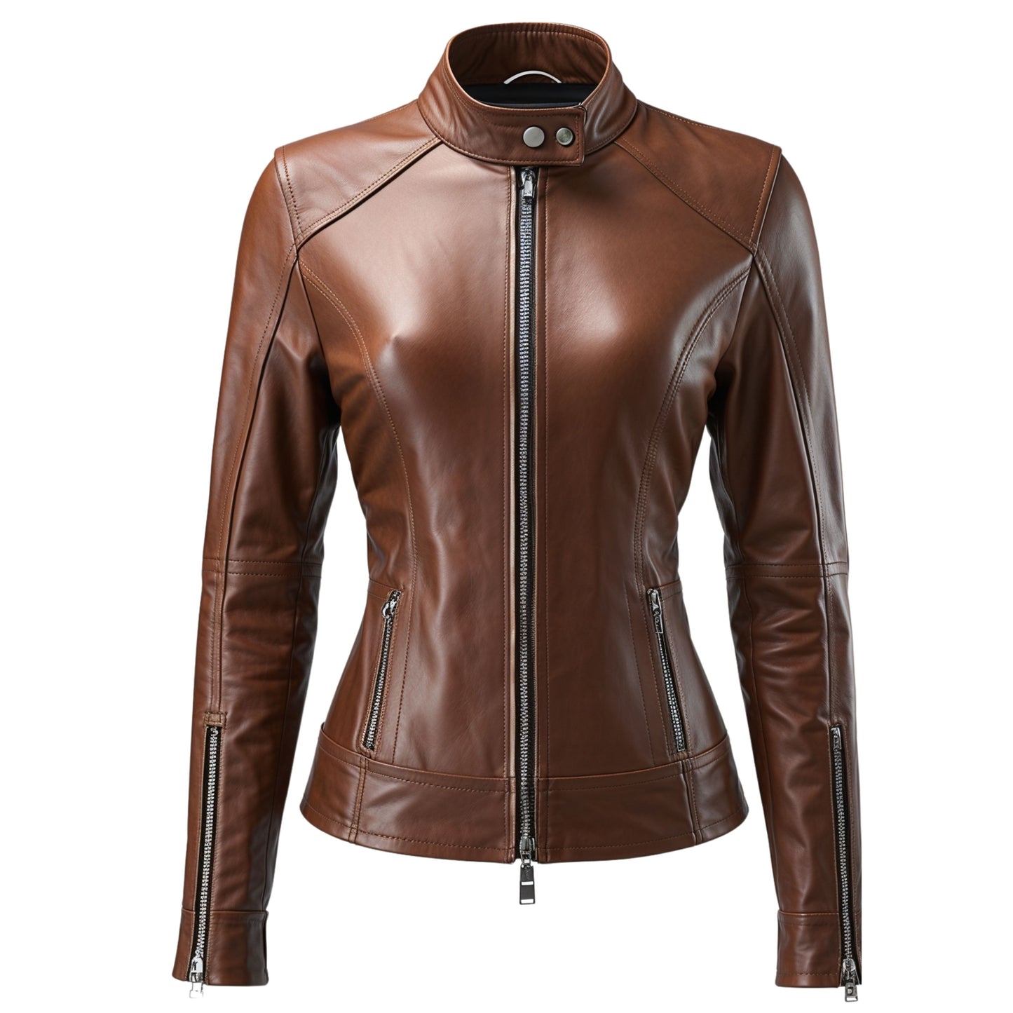 Womens Brown Leather Moto Jacket: Stand Collar Zip Front Slim Fit Coat