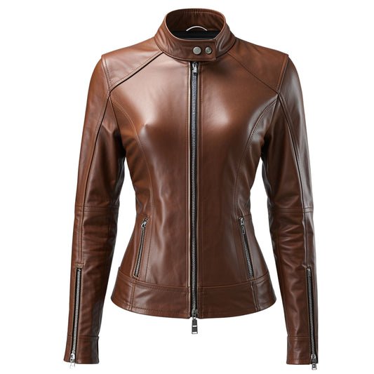Womens Brown Leather Moto Jacket: Stand Collar Zip Front Slim Fit Coat