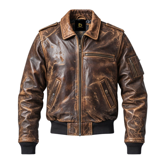 Vintage Brown Distressed Leather Bomber Jacket Classic Zip Front Multiple Pockets Timeless Rugged Style