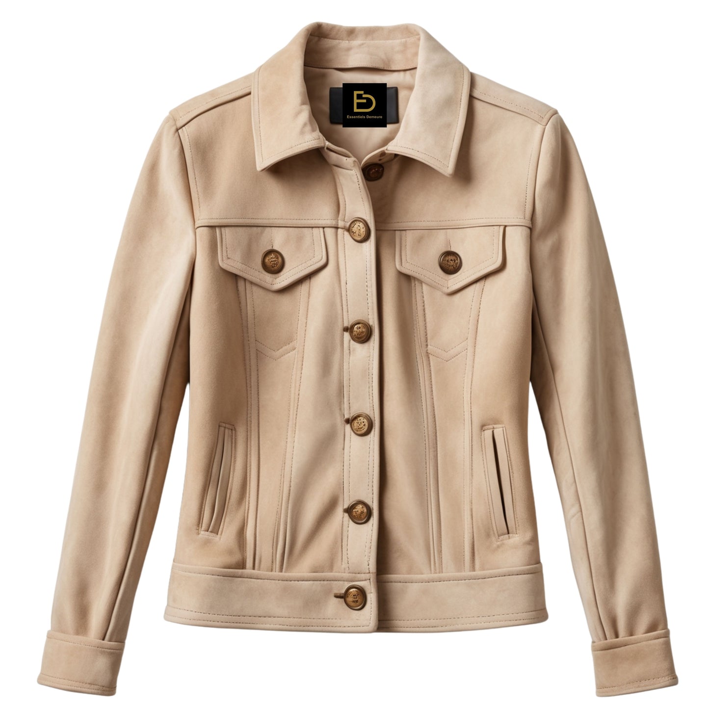 Womens Real Suede Leather Trucker Jacket Beige Button Front Collared Slim Fit Casual Outerwear