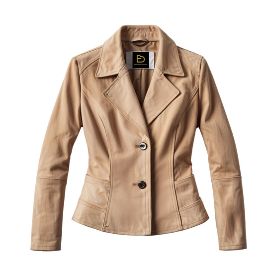 Women's Tan Real Leather Blazer Jacket – Slim Fit Tailored Office Wear