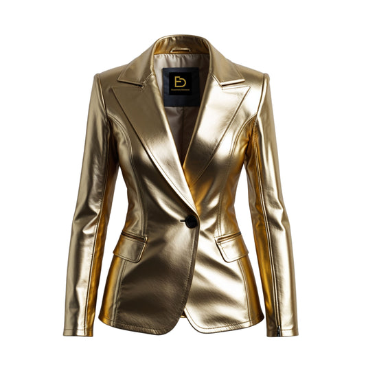 Gold Metallic Real Leather Blazer Jacket – Notched Lapel Evening Style