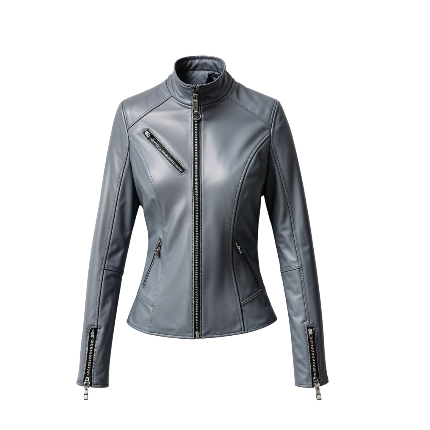 Women's Gray Real Leather Cafe Racer Jacket with Stand Collar, Asymmetrical Pockets